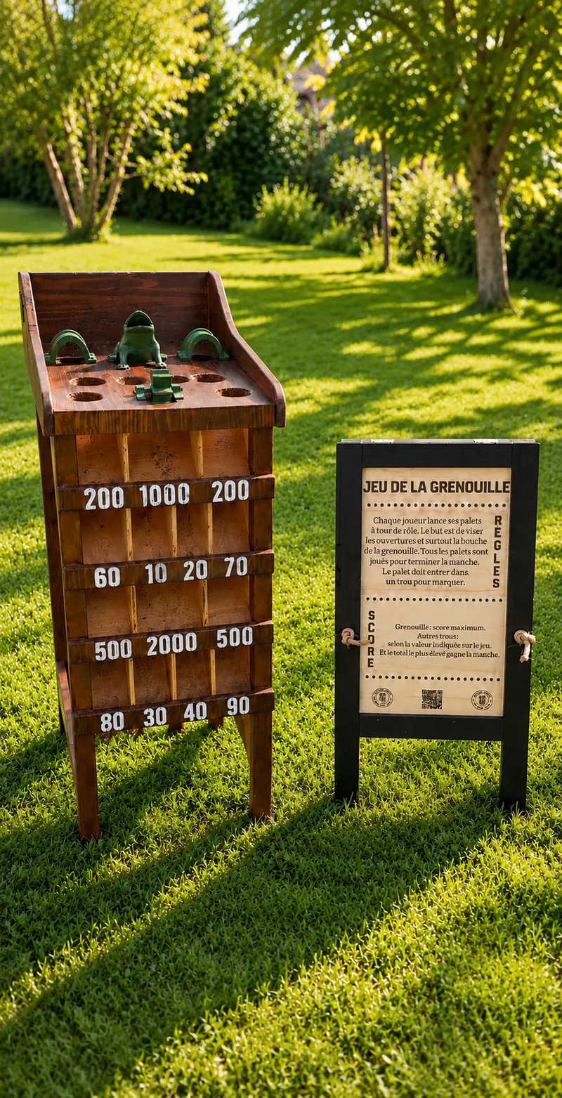 Jeu de la Grenouille en bois et son panneau de règles dans un jardin