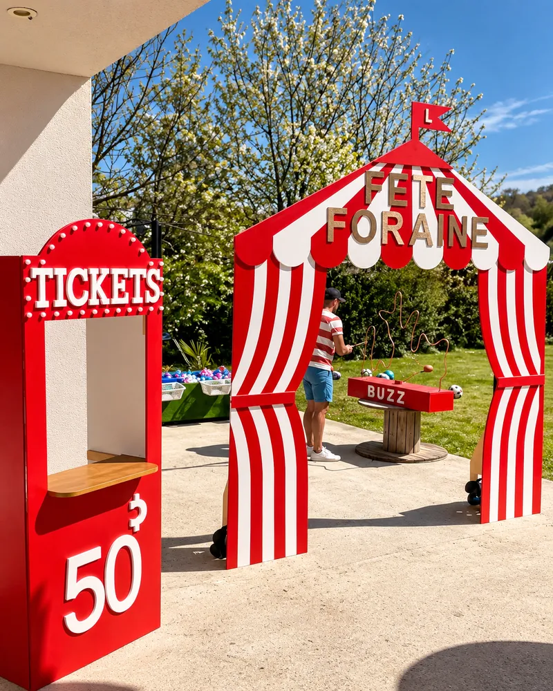 Installation Fête foraine avec arche rouge et blanche, billetterie et jeu Buzz